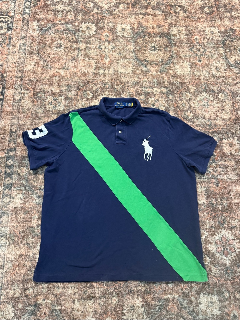 Polo by Ralph Lauren Navy Polo Shirt with Green Diagonal Stripe XL